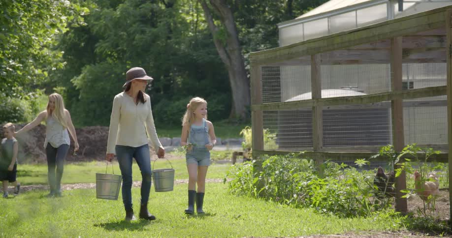 Two women and two children walk onto a farm together