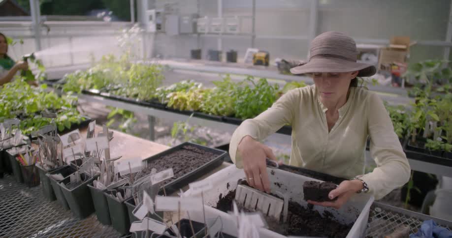 A woman is adding soil to her planters
