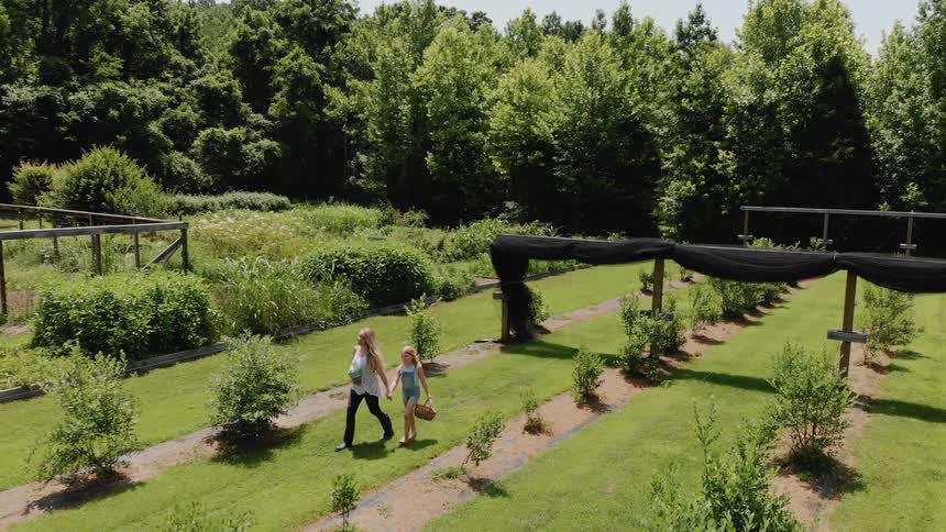 A mom and her two kids are walking through a garden