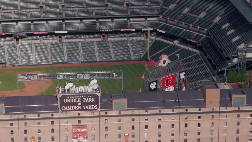 A baseball stadium is viewed from above