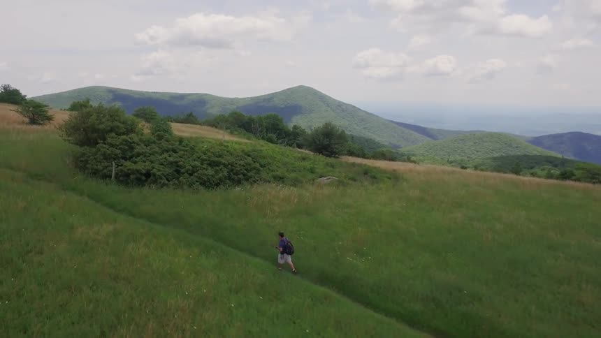 A person walks up a narrow path in the grass