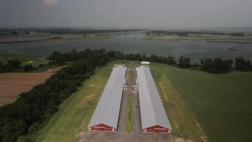 Two long barns are filmed from the air