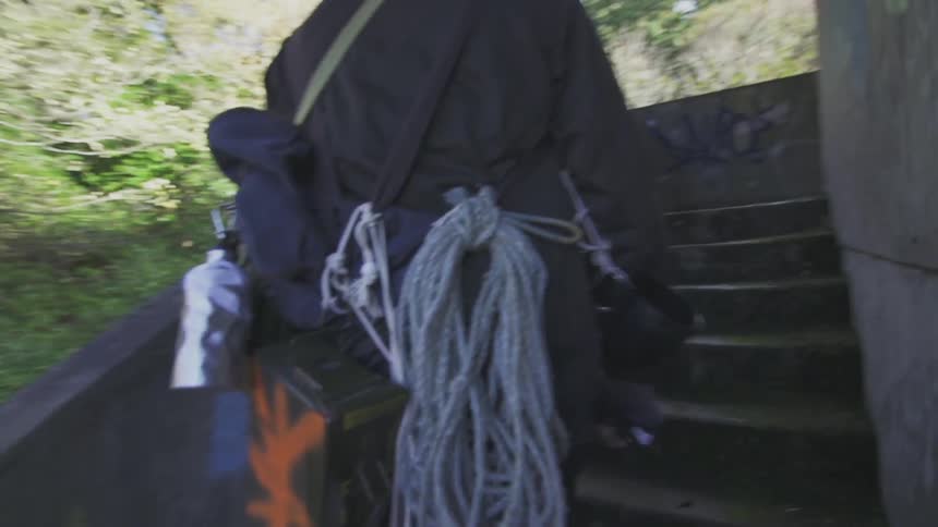 A person walking up a flight of stairs