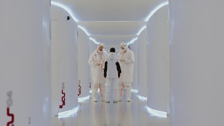 Three people wearing all white are standing in a very white hallway