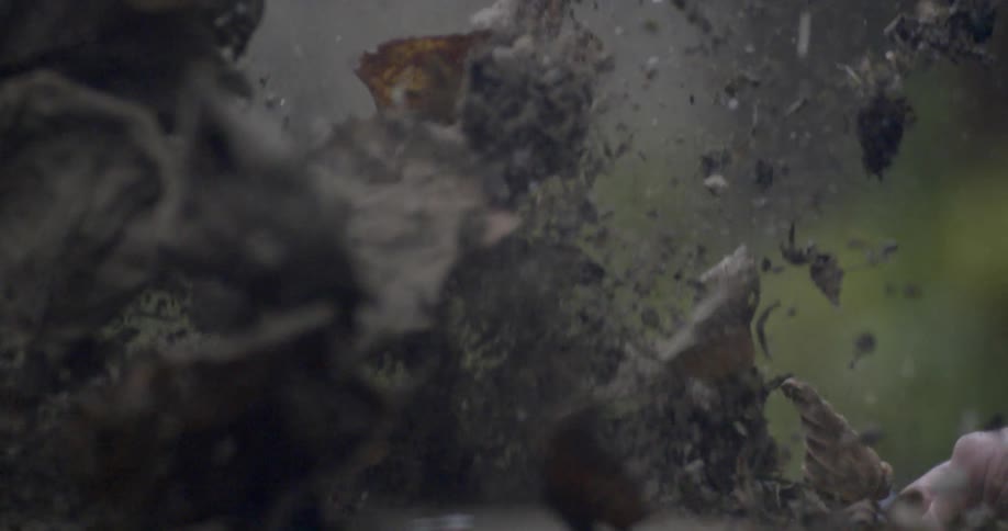 The ground explodes with leaves and dirt flying