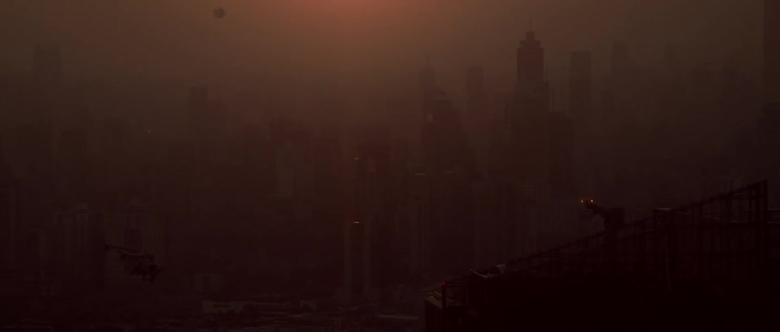 Futuristic city, a spaceship taking off while the sun sets over skyscrapers on a hazy day