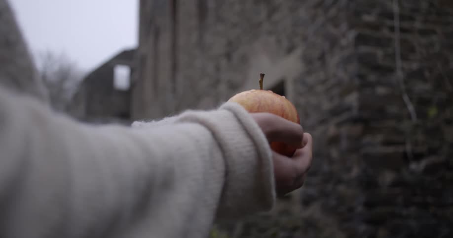 A small apple is being held up next to an old stone building