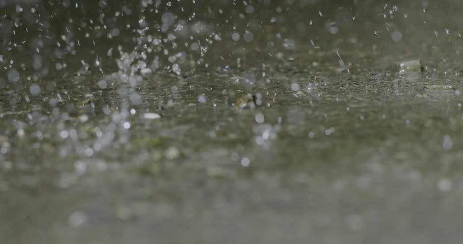 Rain drops fall into puddles on the ground