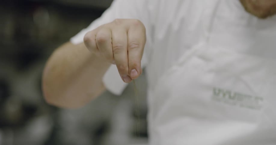 A chef sprinkles seasoning on food in the kitchen