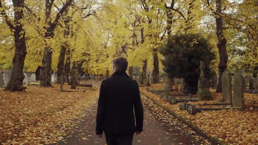 A man is walking in the park in the fall