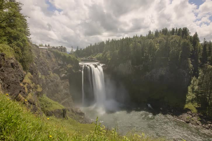 Waterfall splashing into a pool of water with clouds rolling overhead