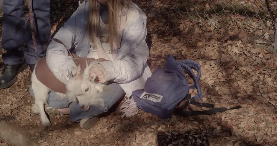 Woman pets a goat while sitting on dead leaves