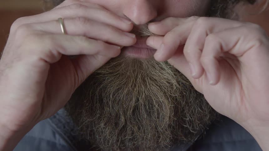 A man with a full beard pulls on his curved up mustache