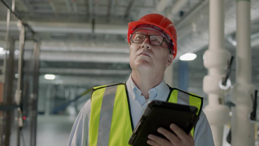 Worker walks through factory with helmet and tablet