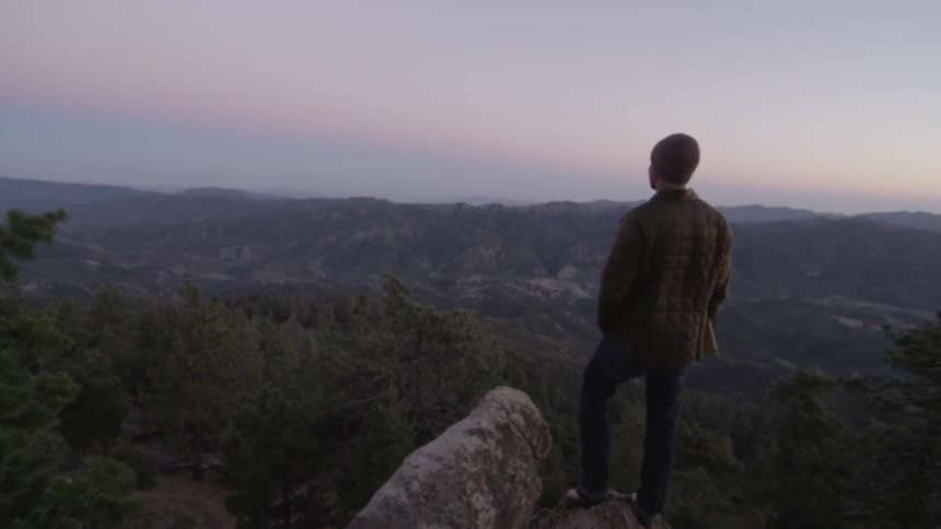 A white man stands on top of a mountain and surveys a forested valley below