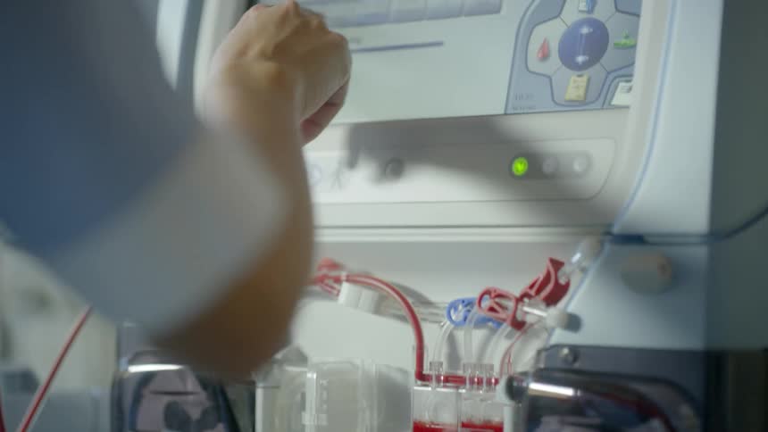 A medical professional operates a dialysis machine