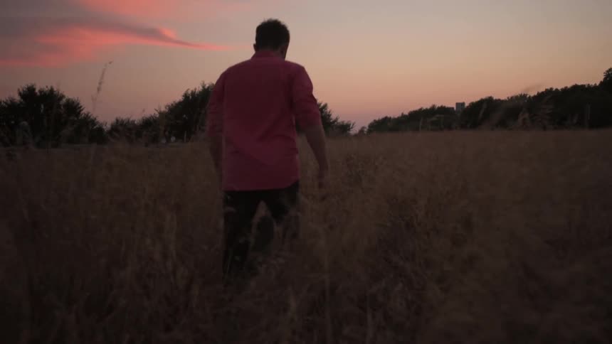 Man walks through high grass field as the sun sets