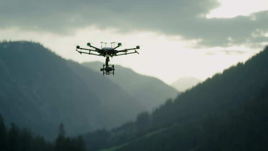A drone flies into the sky