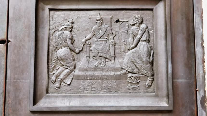 Close up of pictures on an old wooden door