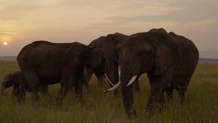 A herd of elephants is grazing at dusk