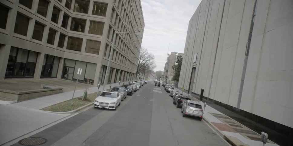 Parked cars line a city street