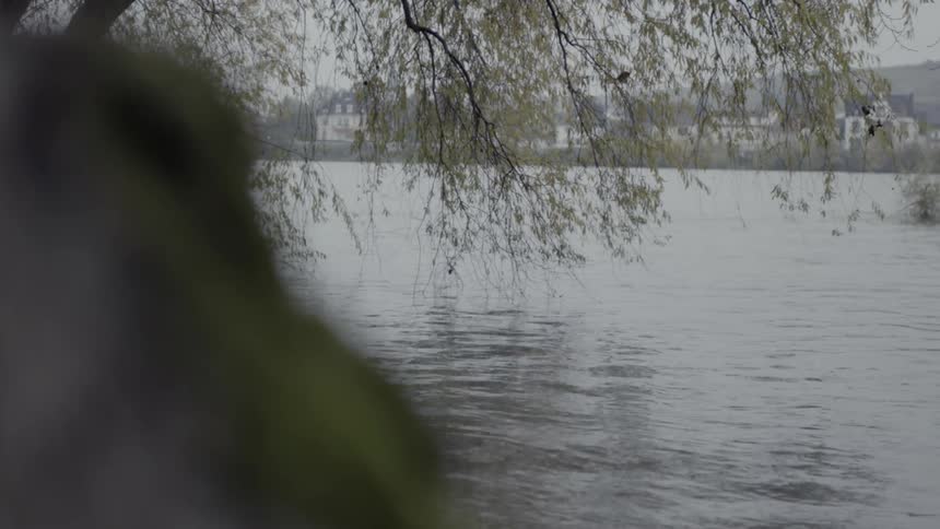 Water ripples on a river near a town