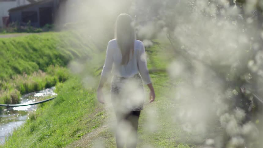 A woman walks in an orchard near a stream on a sunny day