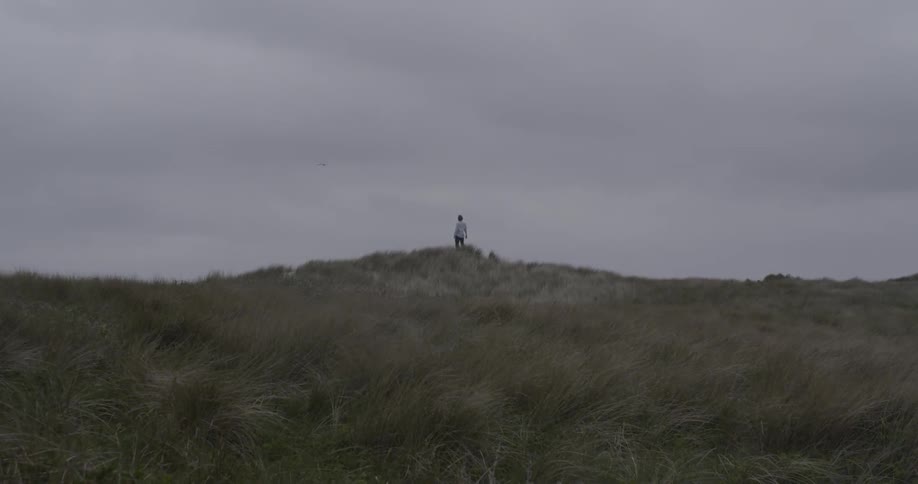 A man stands atop a hill on an overcast day