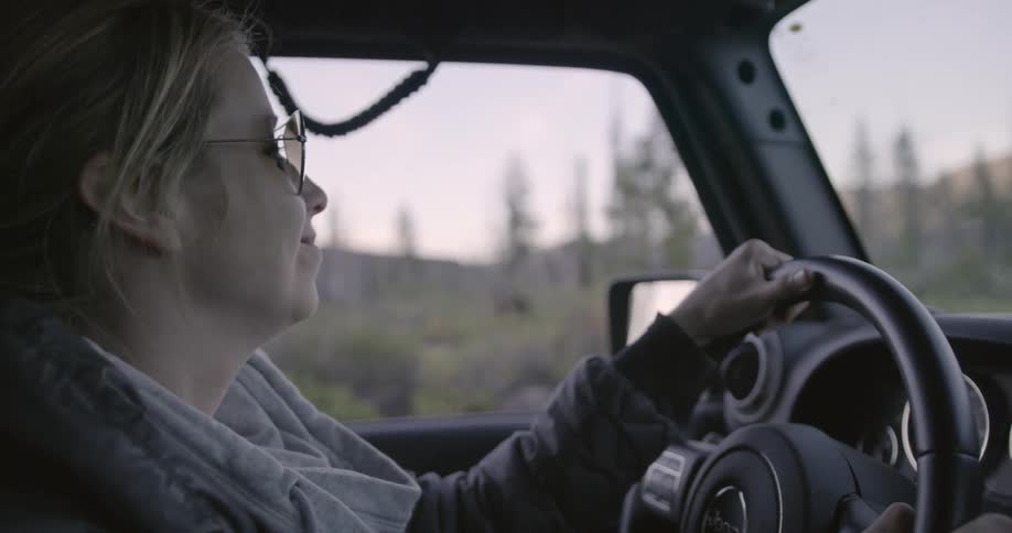 A woman is driving a truck in a natural setting