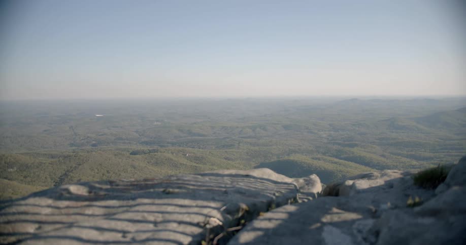 A plane is flying over a cliff side overlooking a large green valley below
