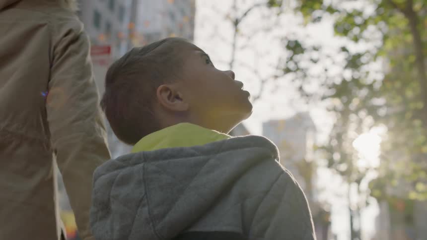 Boy holding his mother's hand looks up into the sky