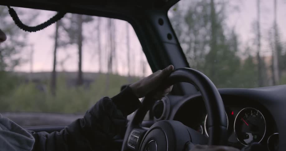A woman is driving a truck in a wooded area during the day