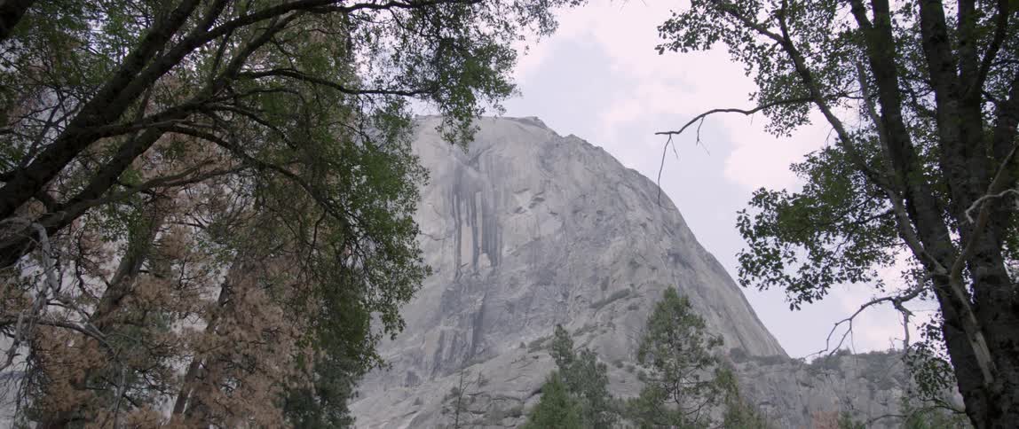 A mountain face is viewed from the ground