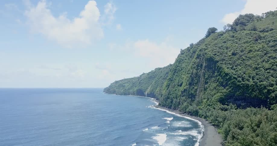 The shore is lined with green cliffs