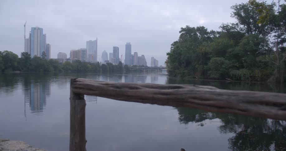 A lake overlooking a city