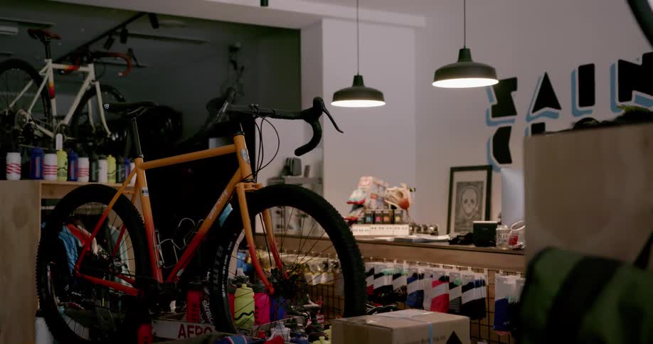 Lights turn on in a bicycle shop