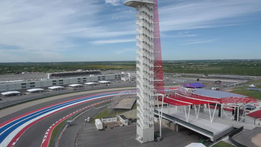 Aerial view of a race track on a cloudy day