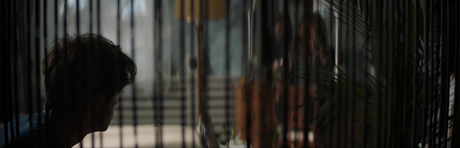 A man sits and watches a woman through a window