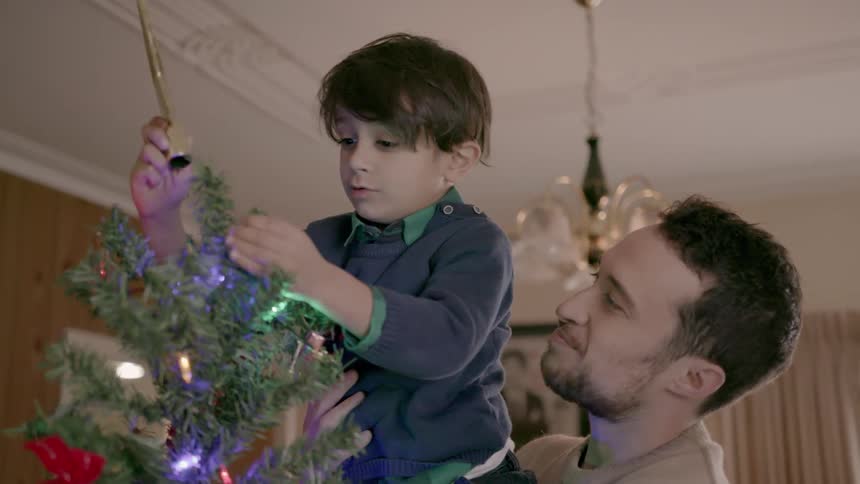A man lifts a boy up to put a star on a christmas tree during the day