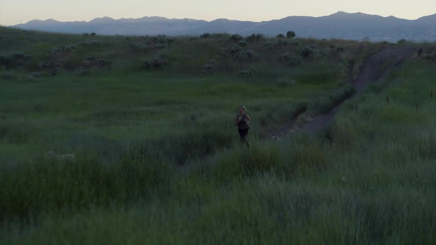 A woman is jogging down a trail with her dogs