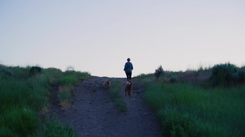 A woman is running down a dirt path with her two dogs