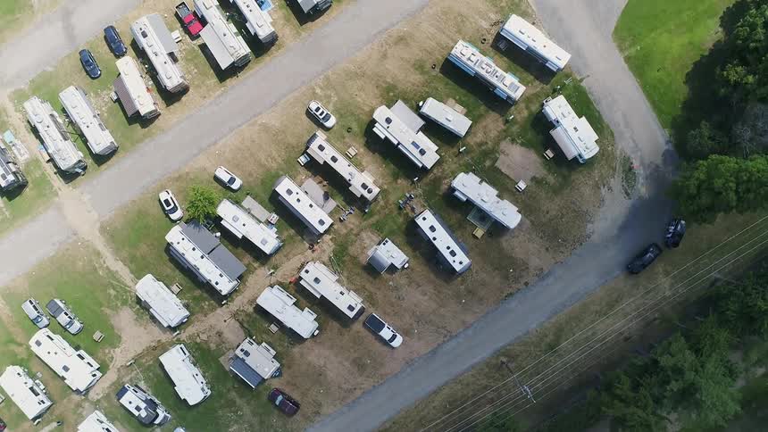 A trailer park is being viewed from above