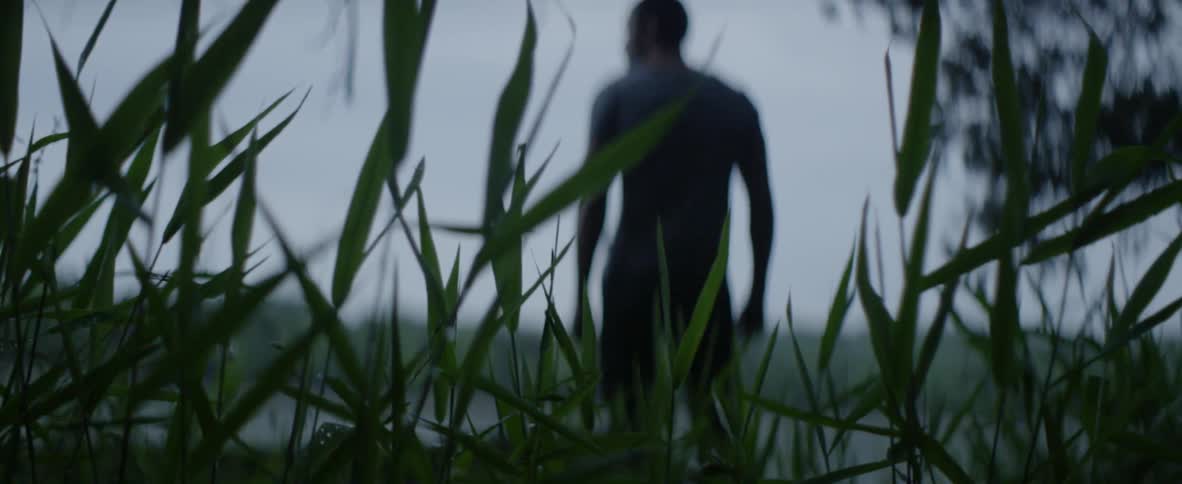 A man stands in a field looking outward