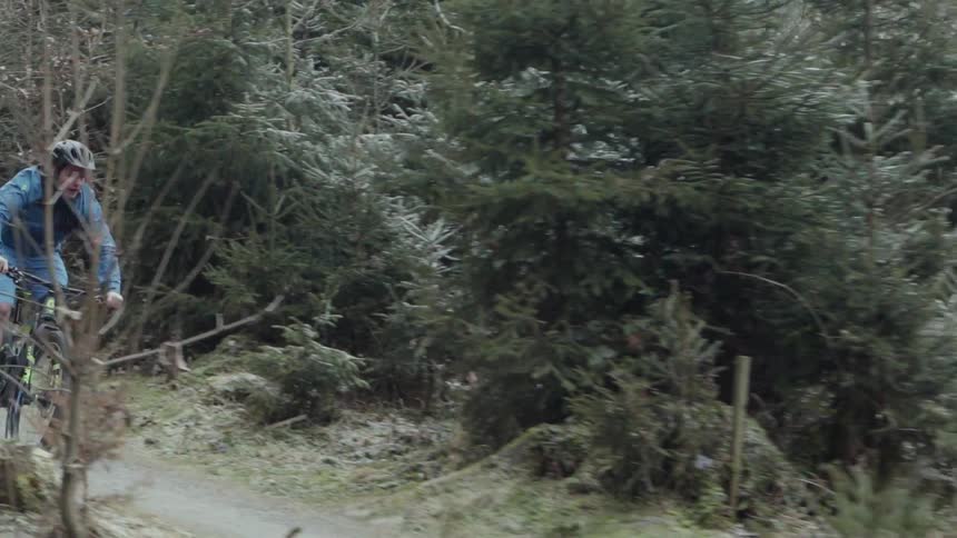 Man rides bike through path in the woods