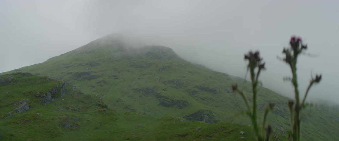 Fog and haze cover the top of a mountain