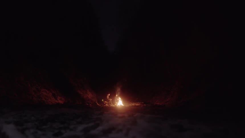 Two men are sitting next to a fire at night