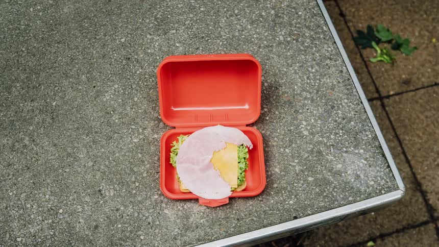 Sandwich container is opened to reveal a sandwich