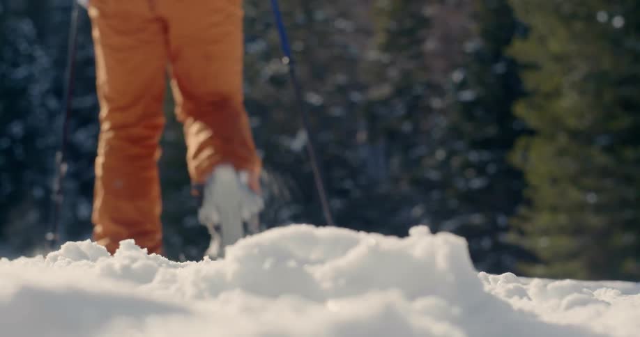 A hiker climbs with snowshoes