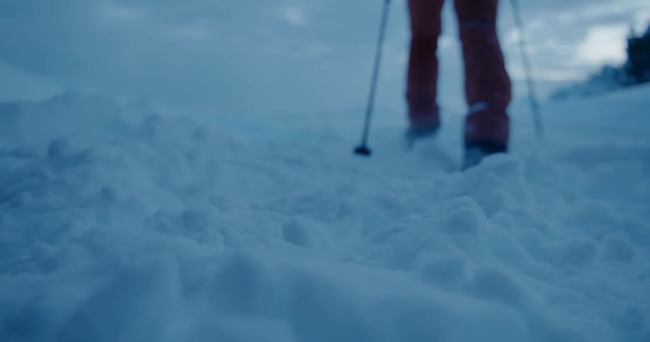 A hiker walks in the snow with snowshoes