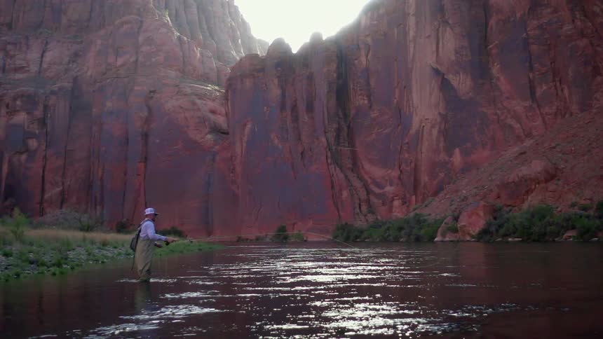 A man is fishing in a river surrounded by a canyon